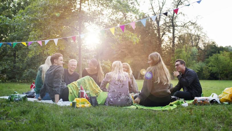 Freunde sitzen zusammen bei einem Picknick im Kopenhagener Park Frederiksberg Have