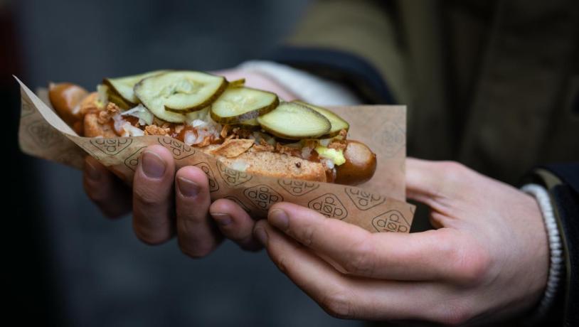 Hot dog from organic hot dog stand "DØP" in Copenhagen