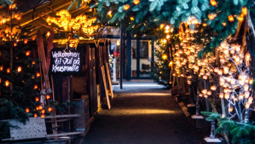 Bild von Eingang zum Weihnachtsmarkt in Krusmølle, der mit Lichterketten geschmückt ist. 