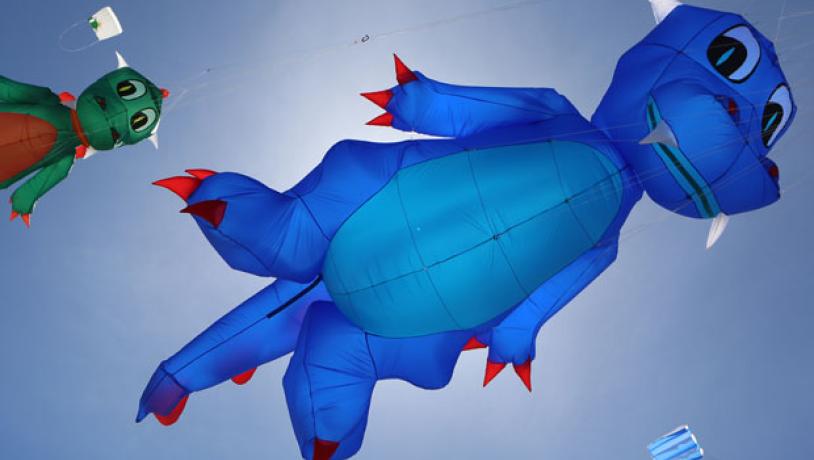 Bild von vielen bunten Drachen auf dem Fanø Kite Flyers Meeting