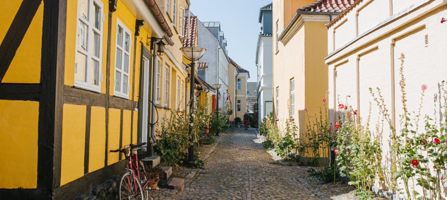 Cobblestone street with colourful houses in Faaborg, Fyn