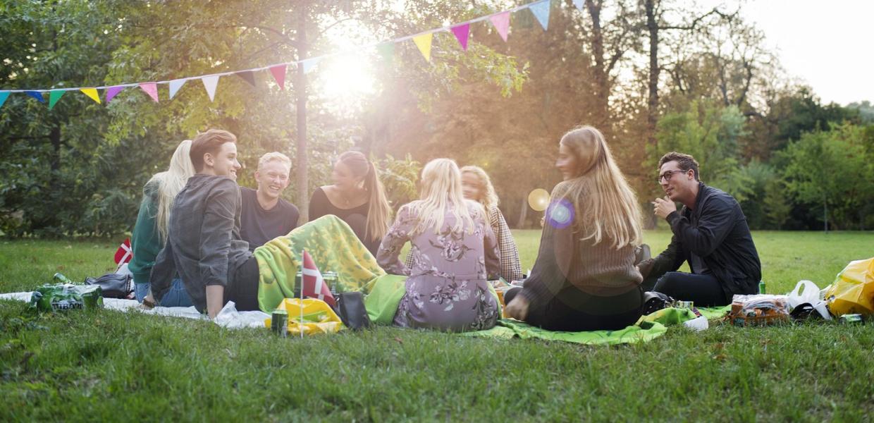 Freunde sitzen zusammen bei einem Picknick im Kopenhagener Park Frederiksberg Have