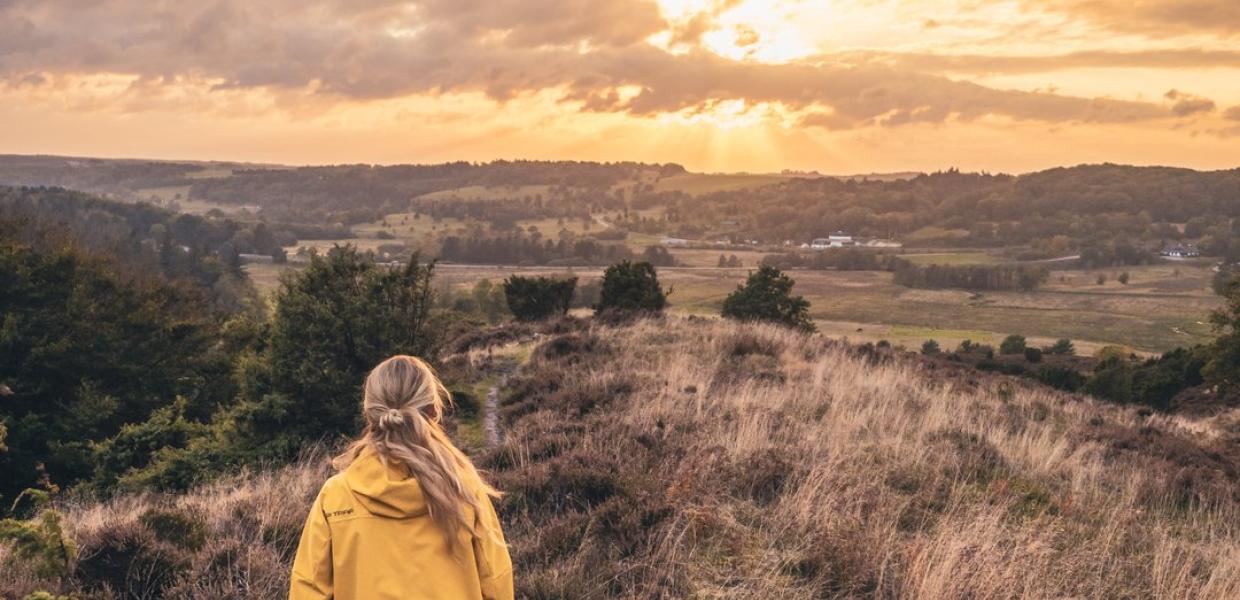 Mädchen in gelber Jacke läut im Sonnernuntergang durch Rebild Bakken, Dänemark