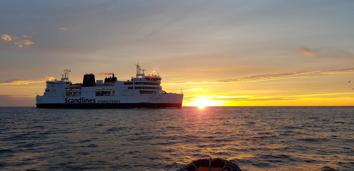 Scandlines ferry on the sea in the sunset