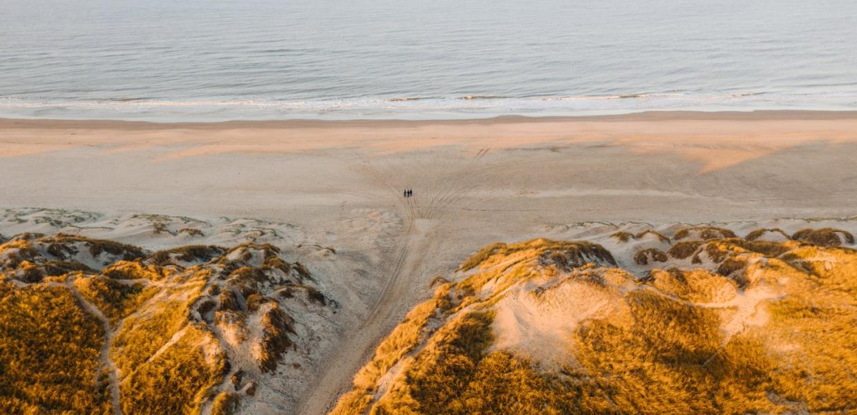 Luftfoto von Henne Strand, wo man Dünen, Strand und Meer sehen kann