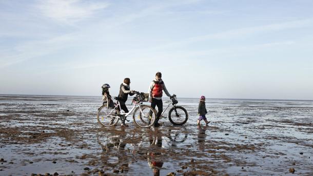 Family with bikes in the Wadden Sea 