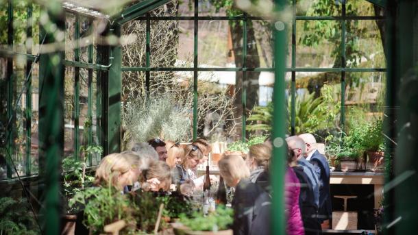 People eating in the greenhouse room at Gemyse Tivoli in Copenhagen