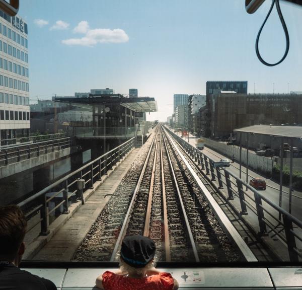 Child in front of driver-less Copenhagen Metro, Denmark