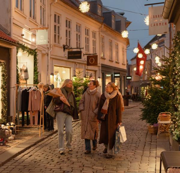 Women walking in Latinerkvarteret in Aarhus with christmas decorations