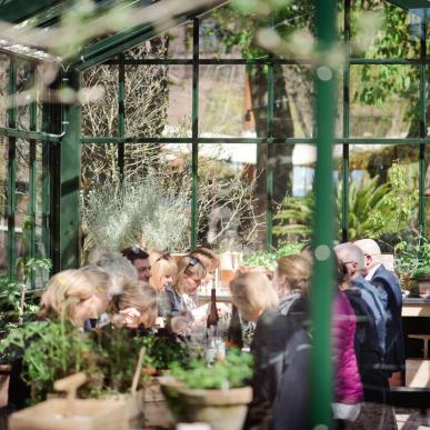 People eating in the greenhouse room at Gemyse Tivoli in Copenhagen