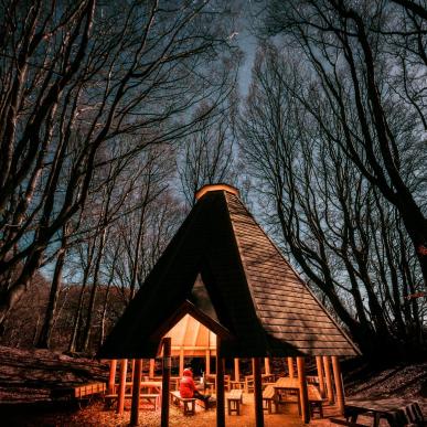 Hut in Rebild Bakker by night, North Jutland