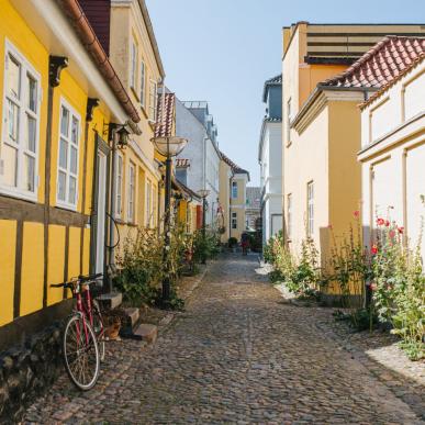 Cobblestone street with colourful houses in Faaborg, Fyn