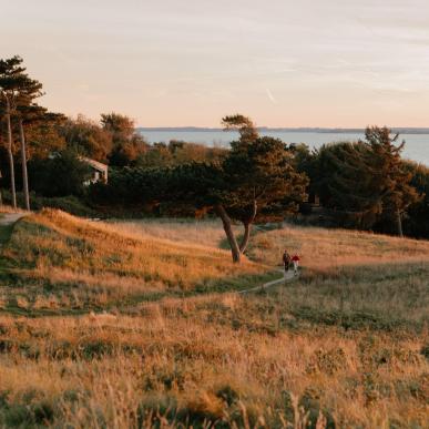 Paar läuft auf einem Weg an der Dänischen Ostsee