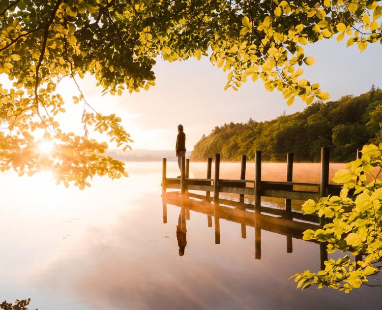 Man standing at the Borre Sø in the sunset, Silkeborg, Denmark